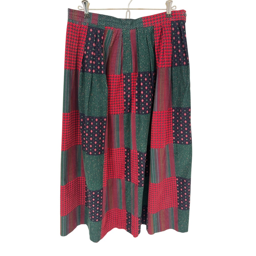 SUSAN BRISTOL Corduroy Skirt 14 Red Green Patchwork Midi Components Pockets 90s